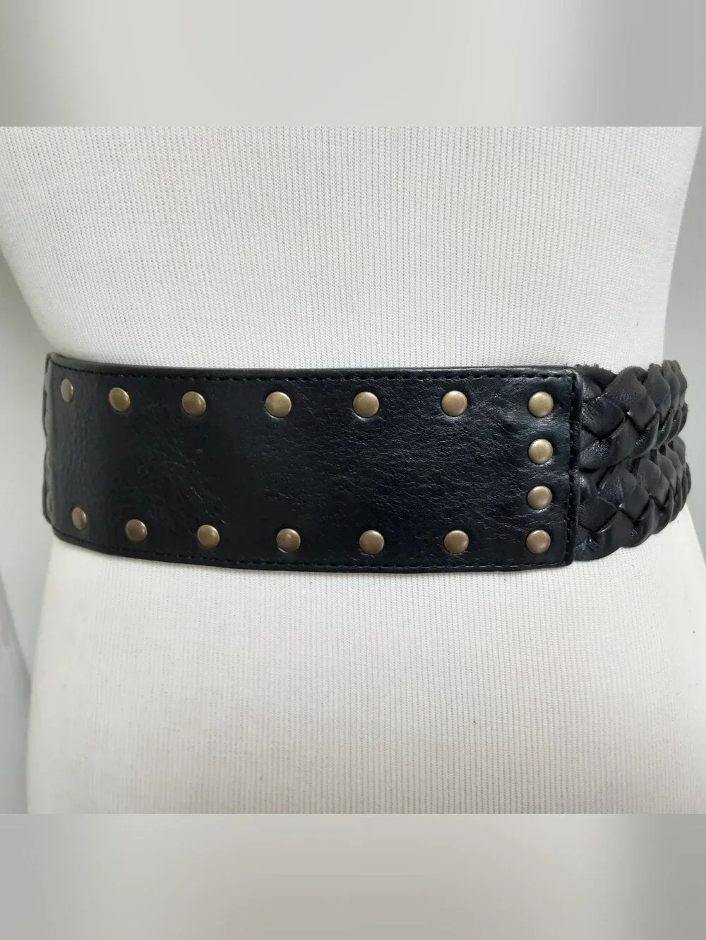 FOSSIL Black Studded Wide Woven Leather Belt Decorative Buckle Sz M - Y2K